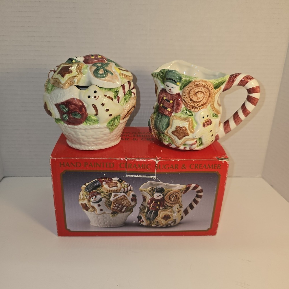 World Bazaars Christmas Hand Painted Ceramic Creamer & Sugar Bowl Cookie Theme